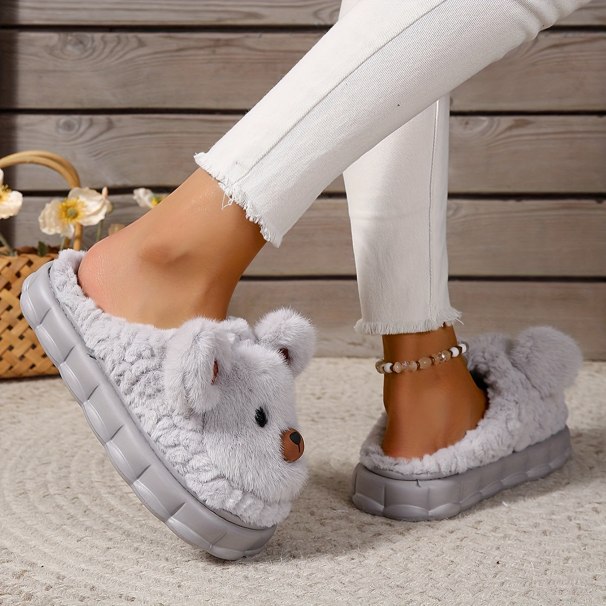 Ladies Cartoon Plush Lined Cozy Thick Sole Home Slippers, Honey Girl Style, Easy Slip-On, Cartoon Pattern, Winter Comfy Fabric Footwear with EVA Sole, European & Southeast Asia Special - Ruian Origin